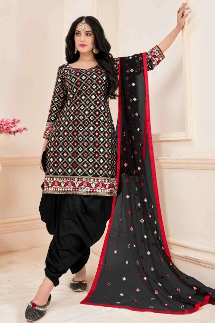 Mirror Cotton Black Patiala Suit with Dupatta
