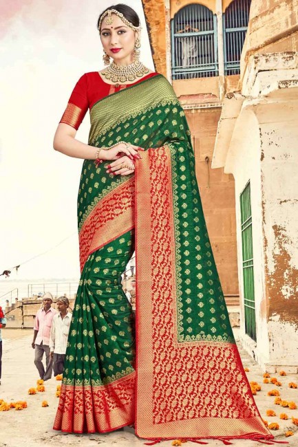 Silk Green Banarasi Saree in Weaving