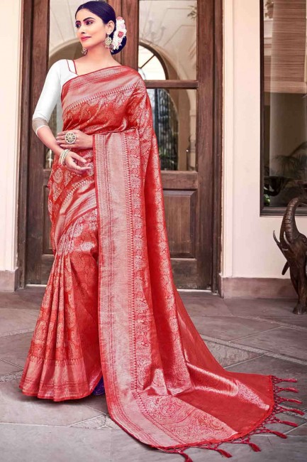 Exquisite Weaving Designer Work Banarasi raw silk Banarasi Saree in Red with Blouse