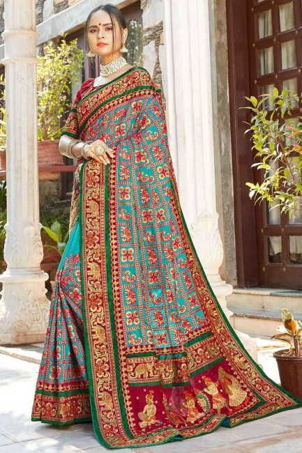 Satin and silk South Indian Saree with Thread in Turquoise