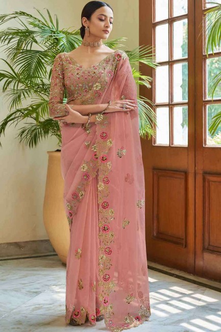 Sequins Silk Saree in Peach with Blouse