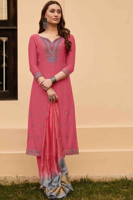 Dark pink Embroidered Salwar Kameez in Cotton