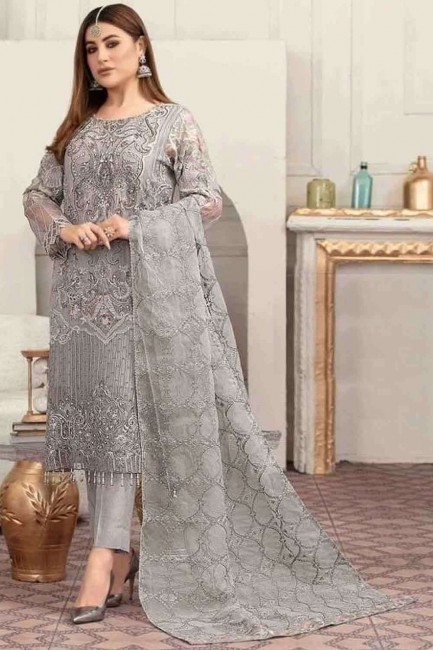 Grey Embroidered Faux georgette Pakistani Suit
