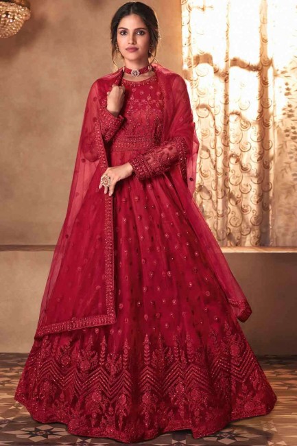 Net Anarkali Suit in Red with Thread
