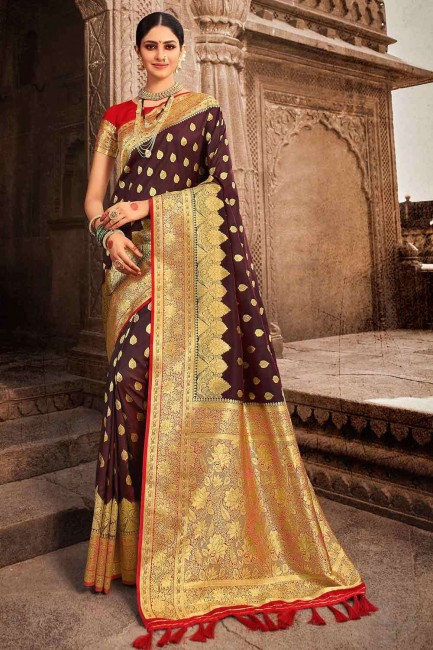 Brown Banarasi silk Banarasi Saree with Zari,weaving
