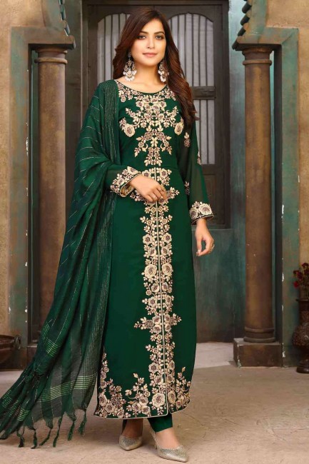 Green Pakistani Suit in Embroidered Faux georgette