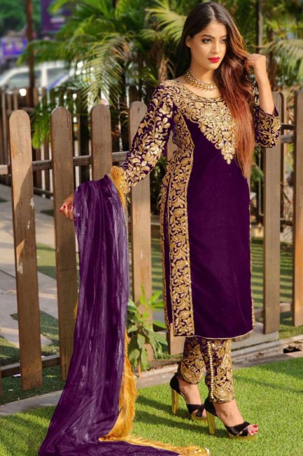 Velvet Embroidered Violet Pakistani Suit with Dupatta