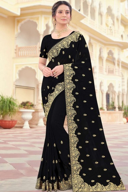 Black Party Wear Saree in Silk with Embroidered