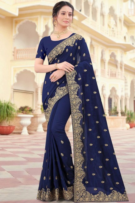 Navy blue Party Wear Saree in Embroidered Silk