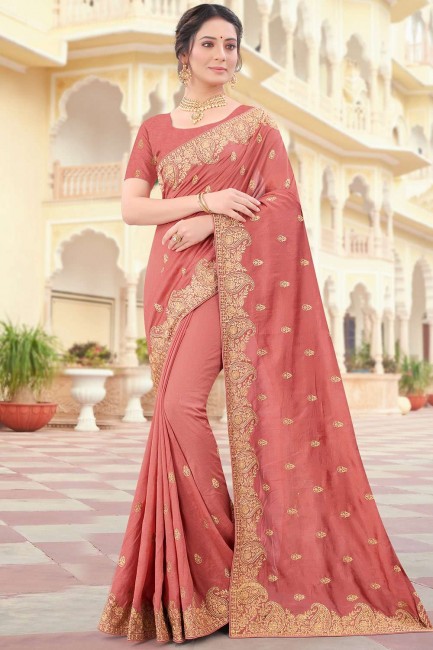 Peach Party Wear Saree with Embroidered Silk