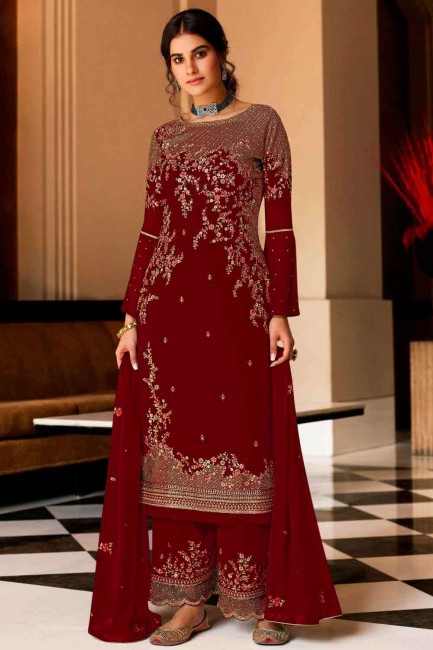 Pakistani Suit in Red Georgette with Embroidered