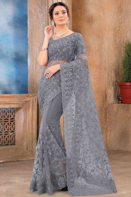 Stone Net Wedding Saree in Grey with Blouse