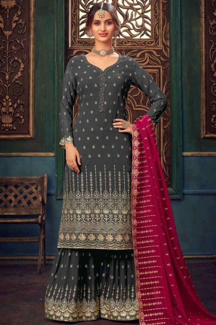 Embroidered Georgette Pakistani Suit in Grey with Dupatta