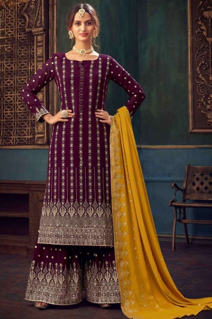 Georgette Pakistani Suit in Burgundy with Embroidered