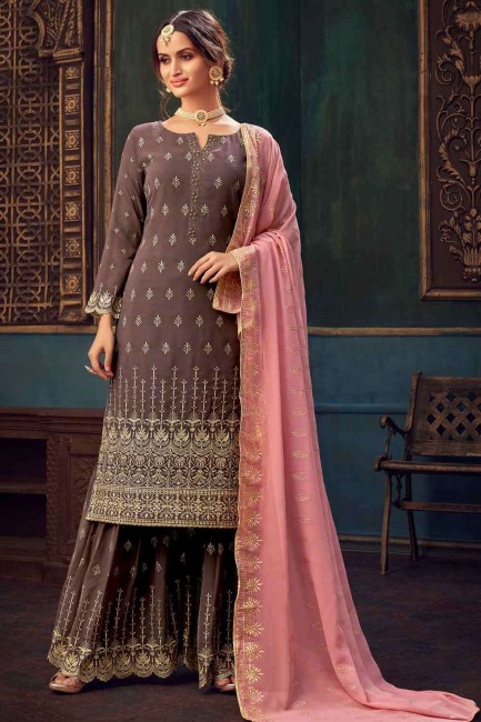 Georgette Brown Pakistani Suit in Embroidered