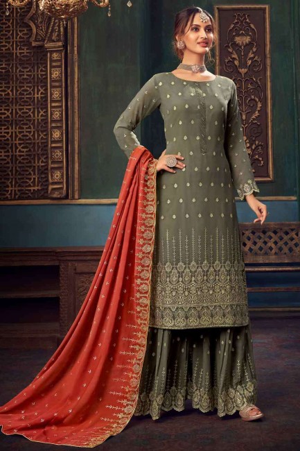 Pakistani Suit in Grey Georgette with Embroidered