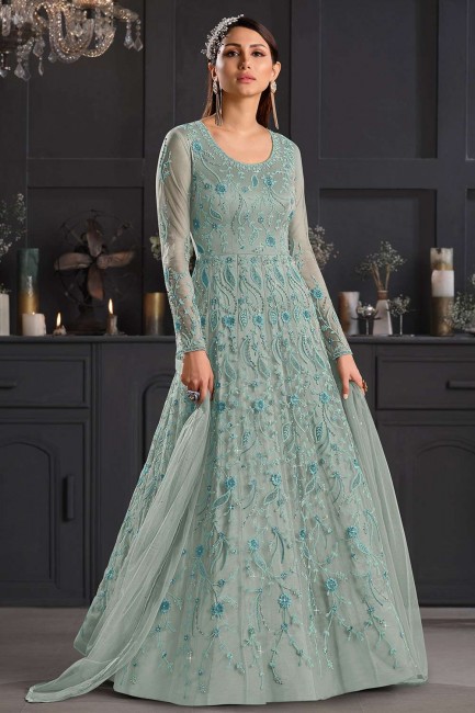 Embroidered Anarkali Suit in Grey Net