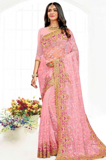 Party Wear Saree in Pink Net with Resham,stone,embroidered