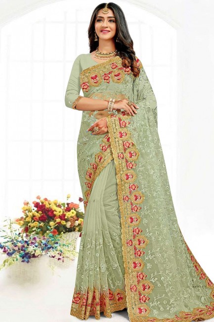 Net Party Wear Saree in Pista  with Resham,stone,embroidered