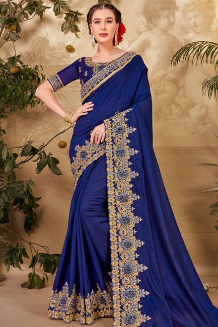 Blue Party Wear Saree in Patch,embroidered Silk