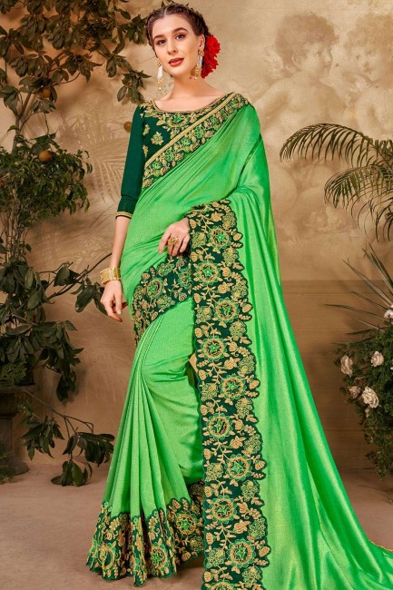 Patch,embroidered Silk Party Wear Saree in Parrot