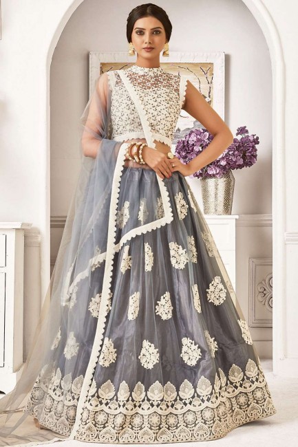Grey Party Lehenga Choli in Net with Embroidered