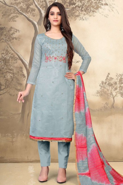 Model Chanderi  Embroidered Blue blue Salwar Kameez with Dupatta