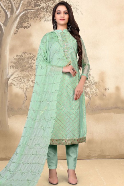 Salwar Kameez in Green green model Chanderi  with Embroidered