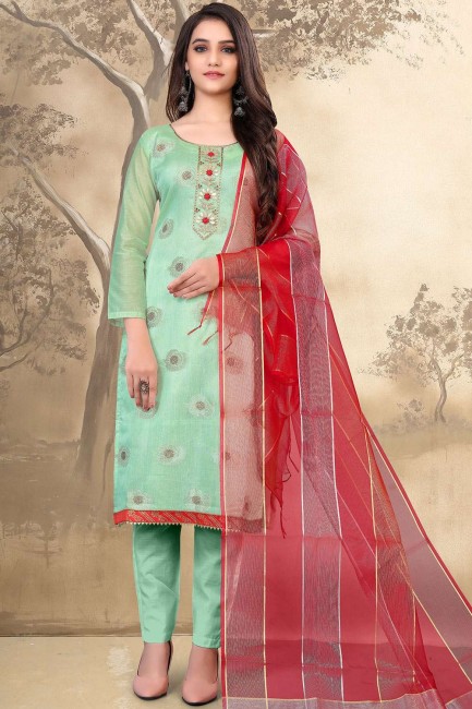 Sky blue Salwar Kameez in glass Cotton with Embroidered