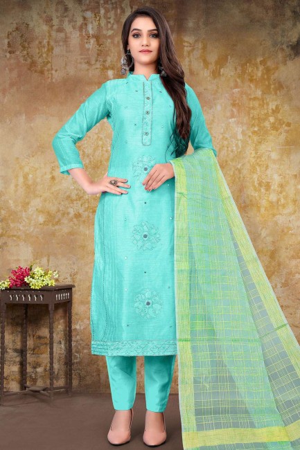 Model Chanderi Straight Pant Suit in Blue with Embroidered