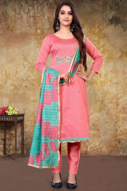 Embroidered model Chanderi Straight Pant Suit in Pink