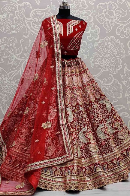 Velvet Lehenga Choli with Lace in Red