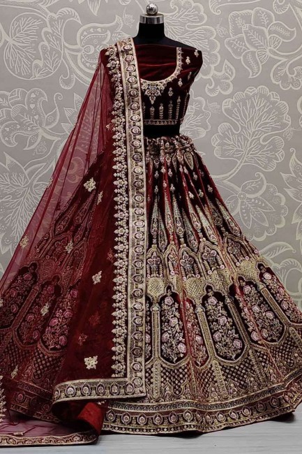 Stunning Maroon Color Lehenga Choli in Velvet with Lace