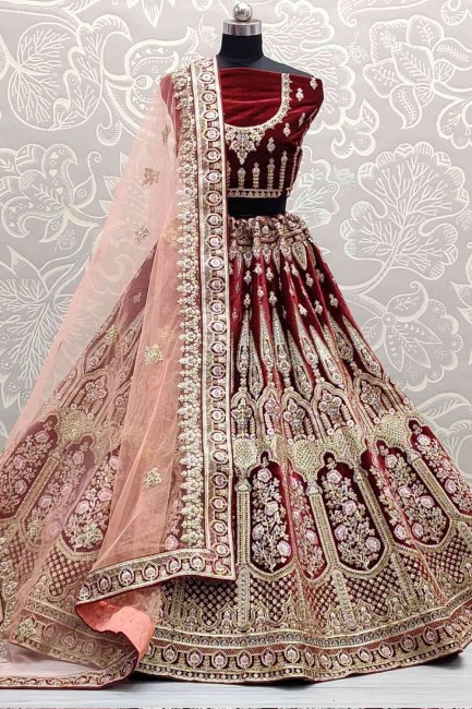 Admirable Maroon Color Lehenga Choli in Velvet with Lace