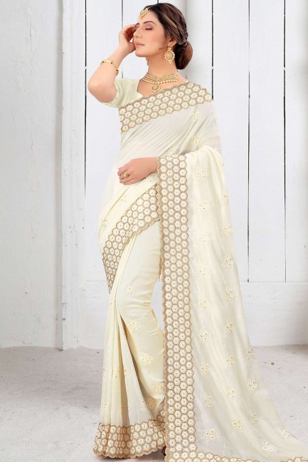 Off white Resham,stone,embroidered Art silk Party Wear Saree