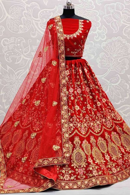 Embroidered Velvet Bridal Lehenga Choli in Red
