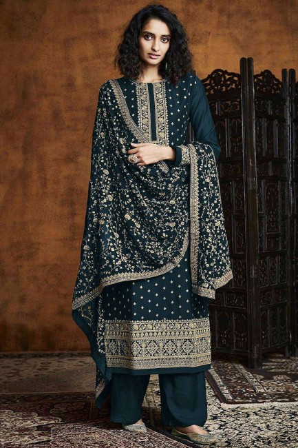 Green Palazzo Suit in Embroidered Faux georgette