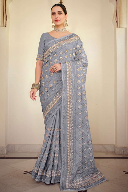 Satin georgette Saree in Grey with Resham,embroidered