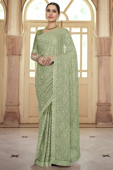 Chiffon Party Wear Saree with Resham,embroidered in Green