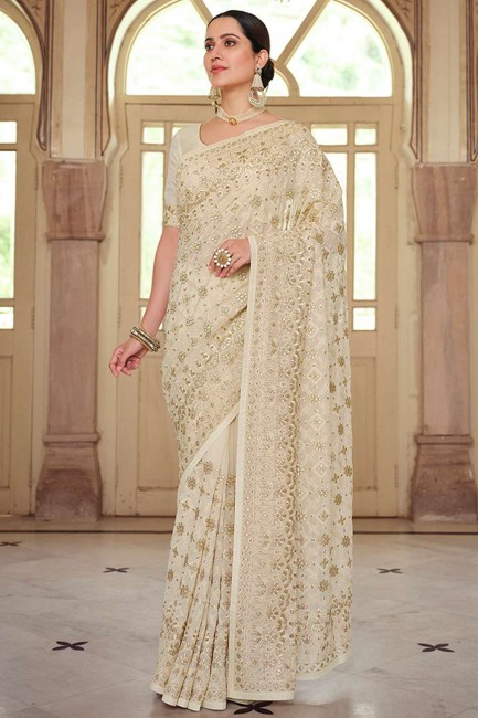 Party Wear Saree in Off white Georgette with Resham,embroidered