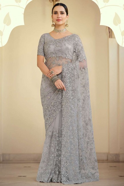 Soft net Party Wear Saree in Grey with Resham,embroidered