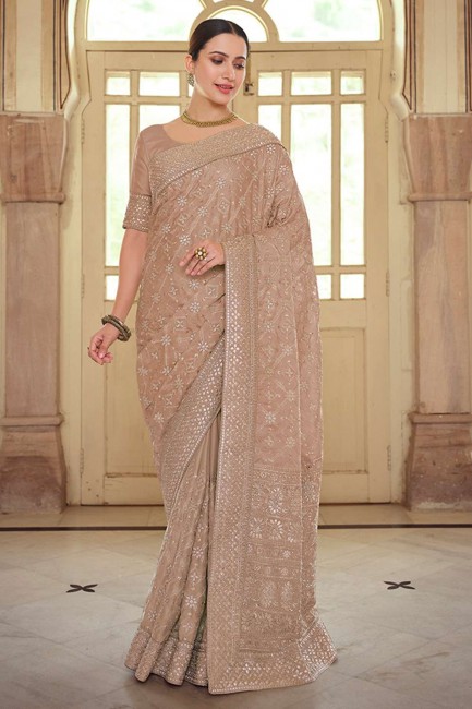 Resham,embroidered Satin georgette Party Wear Saree in Brown with Blouse