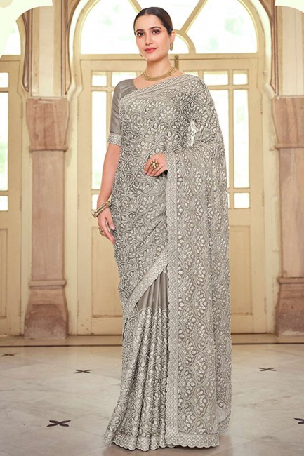 Resham,embroidered Chiffon Party Wear Saree in Grey