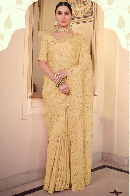 Yellow Resham,embroidered Chiffon Party Wear Saree
