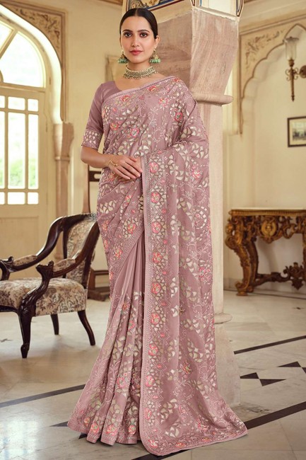 Satin georgette Party Wear Saree in Mauve purple with Resham,embroidered