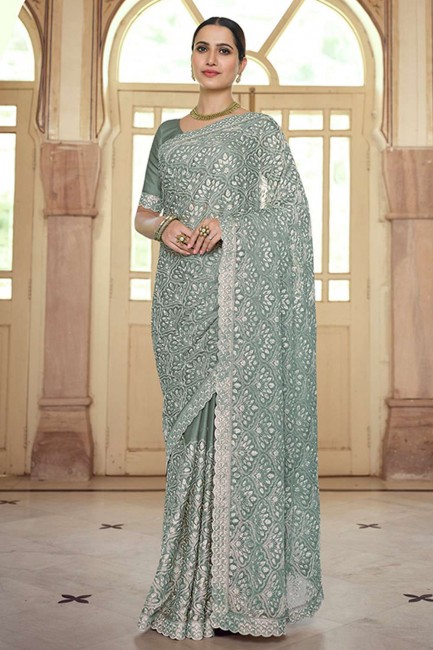 Chiffon Saree with Resham,embroidered in Mint green