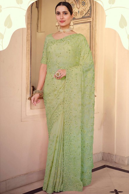 Sequance Embroidered Chiffon Saree in Green
