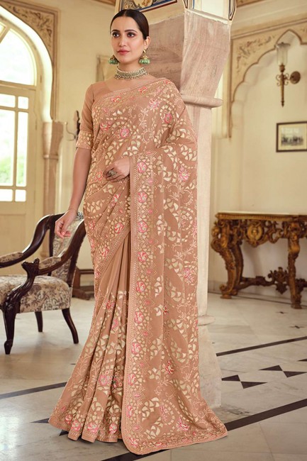 Resham,embroidered Georgette and satin Brown Saree with Blouse