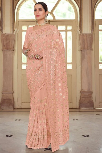Georgette Saree in Peach with Resham,embroidered