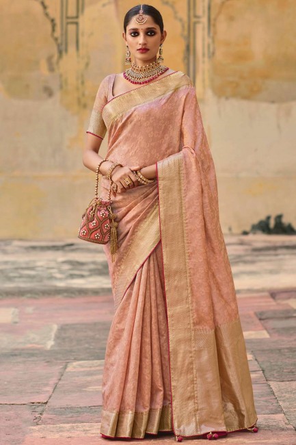 Jacquard and silk Weaving Peach Wedding Saree with Blouse